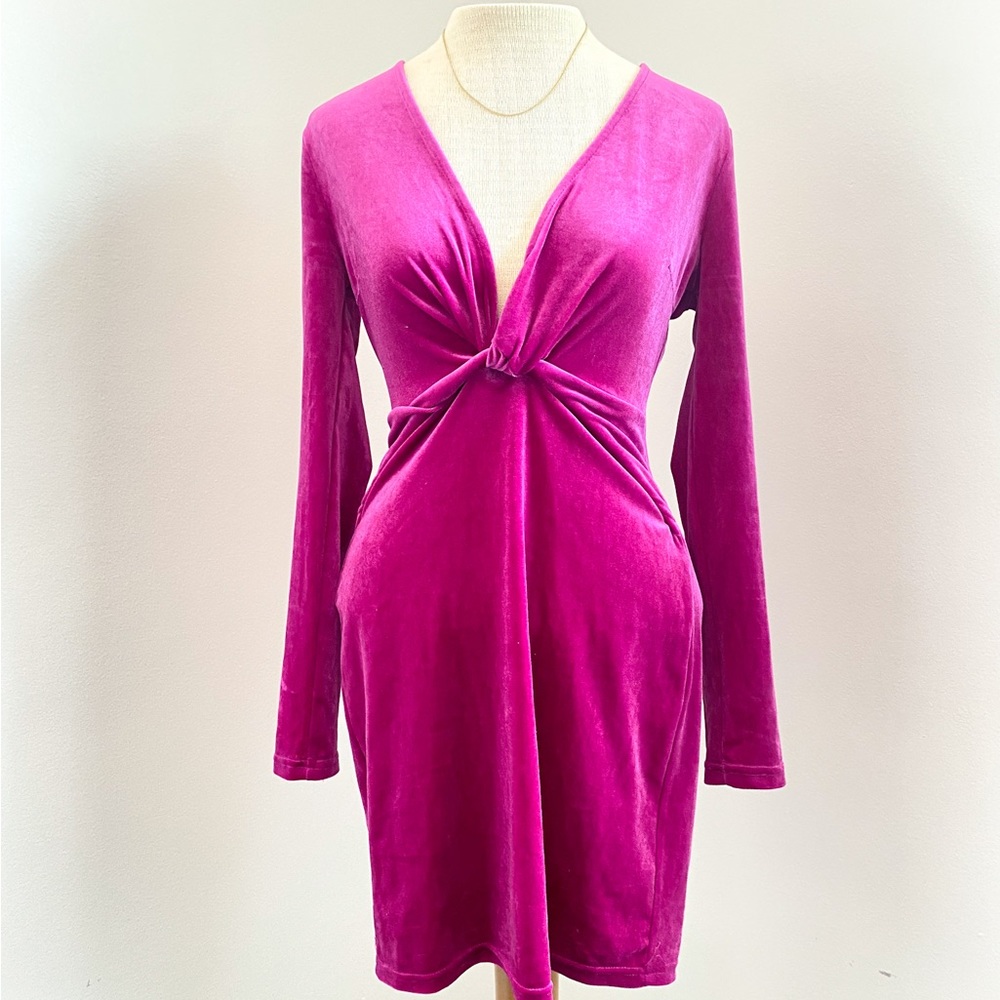 Fuchsia Faux Velvet Mini Bodycon Dress Long Sleeve